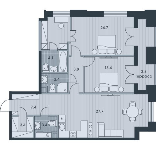 Трёхкомнатная квартира 95.1 м²