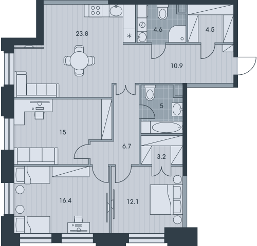 Четырёхкомнатная квартира 102.2 м²