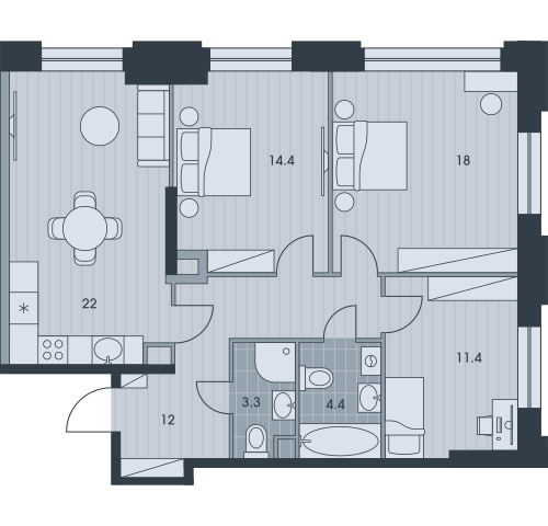 Четырёхкомнатная квартира 85.5 м²