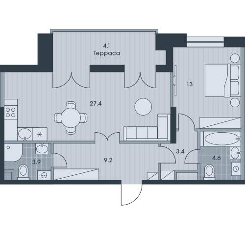 Двухкомнатная квартира 65.6 м²