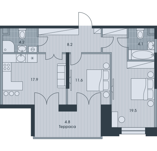 Трёхкомнатная квартира 70.3 м²