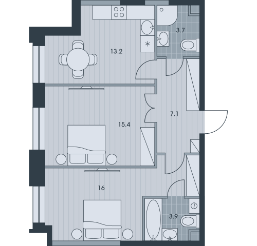 Двухкомнатная квартира 59.3 м²