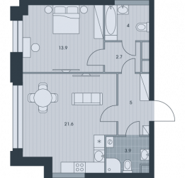 Двухкомнатная квартира 51.1 м²