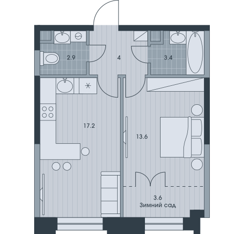 Двухкомнатная квартира 44.7 м²