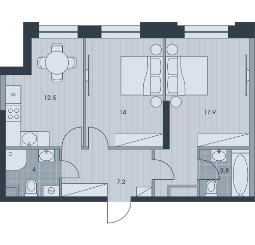 Двухкомнатная квартира 59.4 м²