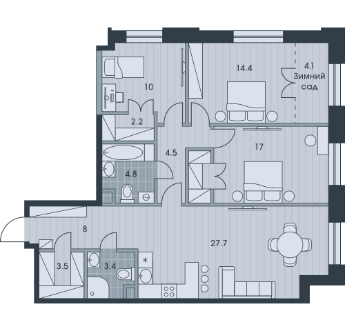 Четырёхкомнатная квартира 99.6 м²