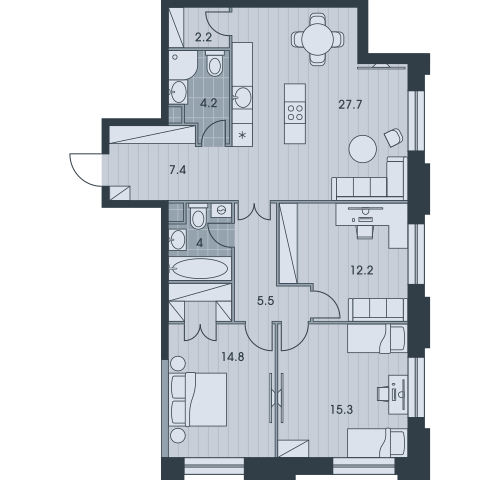 Четырёхкомнатная квартира 93.3 м²