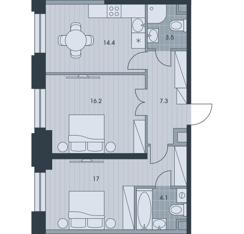 Двухкомнатная квартира 62.5 м²