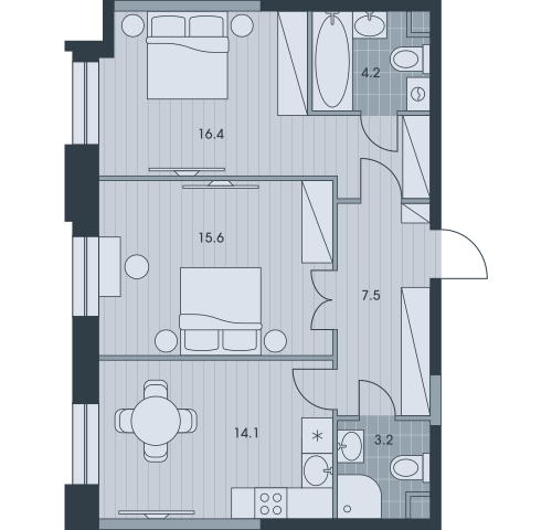 Двухкомнатная квартира 61 м²