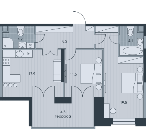 Трёхкомнатная квартира 70.3 м²