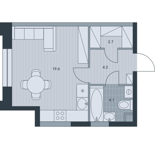 Однокомнатная квартира 30.6 м²