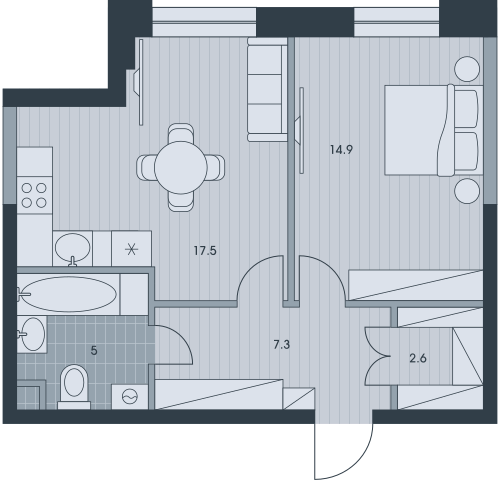 Двухкомнатная квартира 47.3 м²