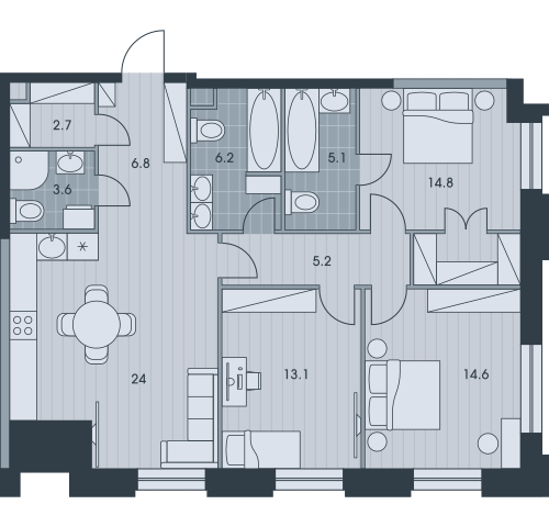 Четырёхкомнатная квартира 96.1 м²