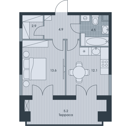 Однокомнатная квартира 43.2 м²
