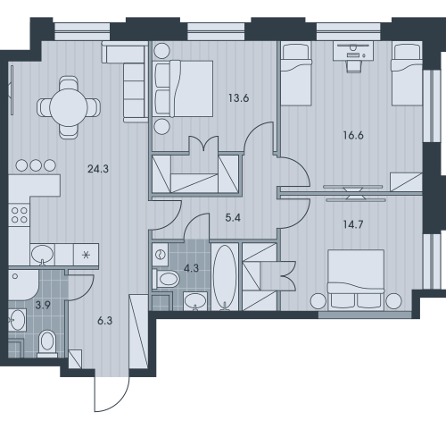 Четырёхкомнатная квартира 89.1 м²