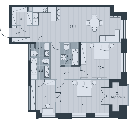 Трёхкомнатная квартира 107.8 м²