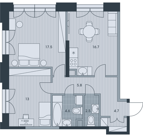 Трёхкомнатная квартира 64.8 м²