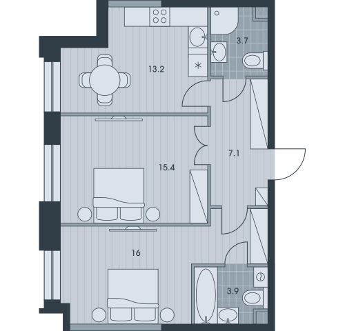 Двухкомнатная квартира 59.3 м²
