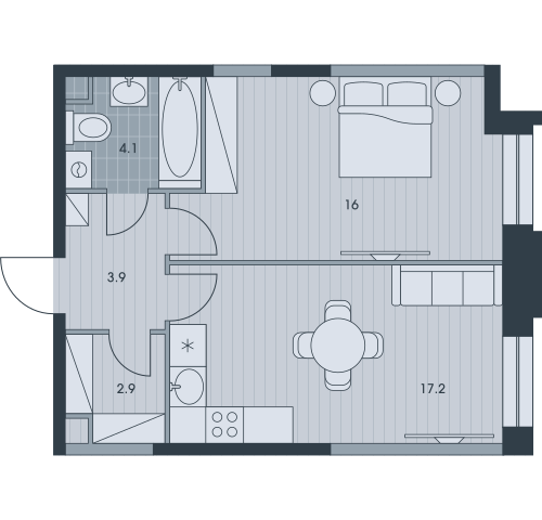 Двухкомнатная квартира 44.1 м²