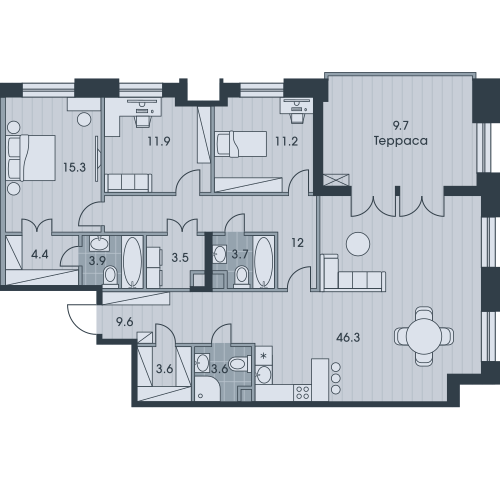 Пятикомнатная квартира 138.7 м²