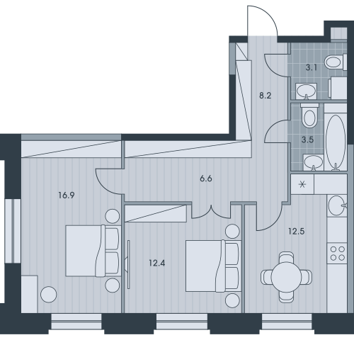 Двухкомнатная квартира 63.2 м²