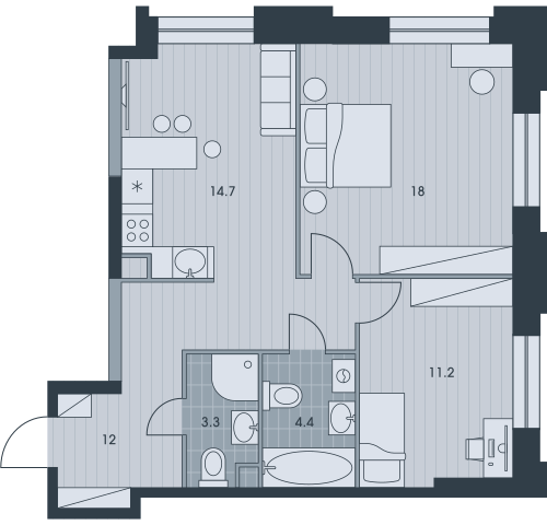 Трёхкомнатная квартира 63.6 м²