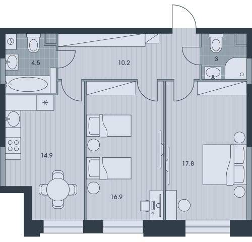 Двухкомнатная квартира 67.3 м²