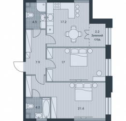 Трёхкомнатная квартира 74.4 м²