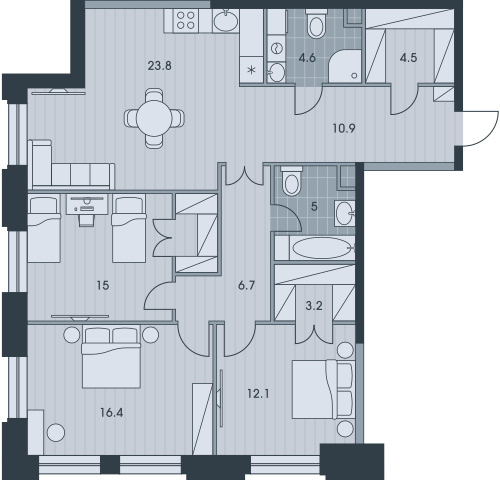Четырёхкомнатная квартира 102.2 м²