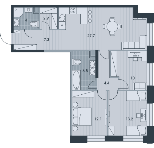 Четырёхкомнатная квартира 88.1 м²