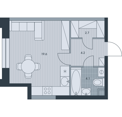 Однокомнатная квартира 30.6 м²