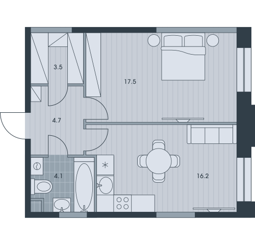 Двухкомнатная квартира 46 м²