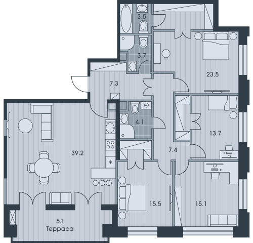 Пятикомнатная квартира 138.1 м²