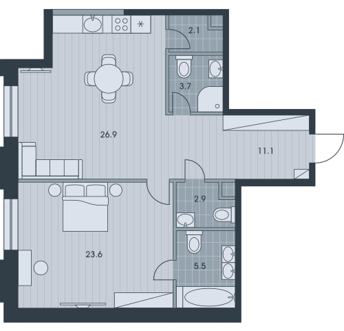 Двухкомнатная квартира 75.8 м²