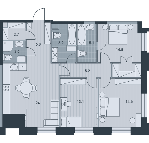 Четырёхкомнатная квартира 96.1 м²